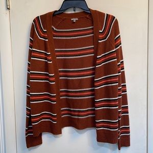 Cute striped orangey brown cardigan with black, white, & pink! Worn only twice!